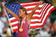 Anna Hall of Team United States reacts after competing in the 800m leg of the Heptathlon during the 2023 World Athletics Championships in Budapest, Hungary.